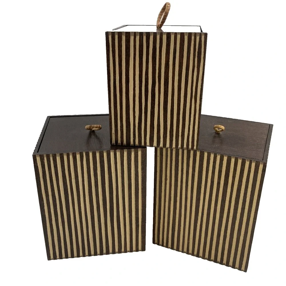 Vintage MCM 3 Piece Set Wooden Canister‎ Storage Boxes Striped Carved Stained